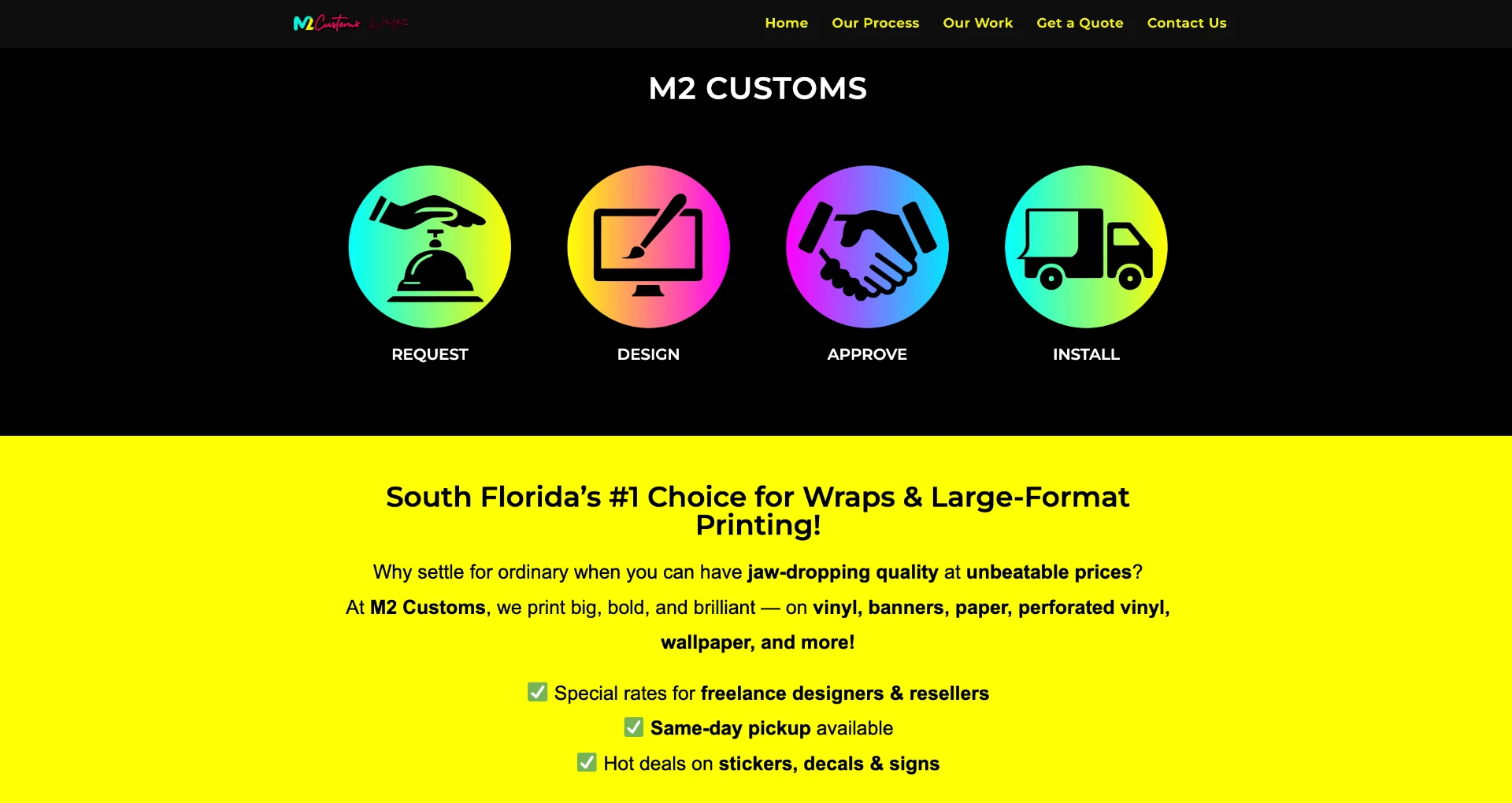 M2 Customs website before redesign — busy layout with buried call to action