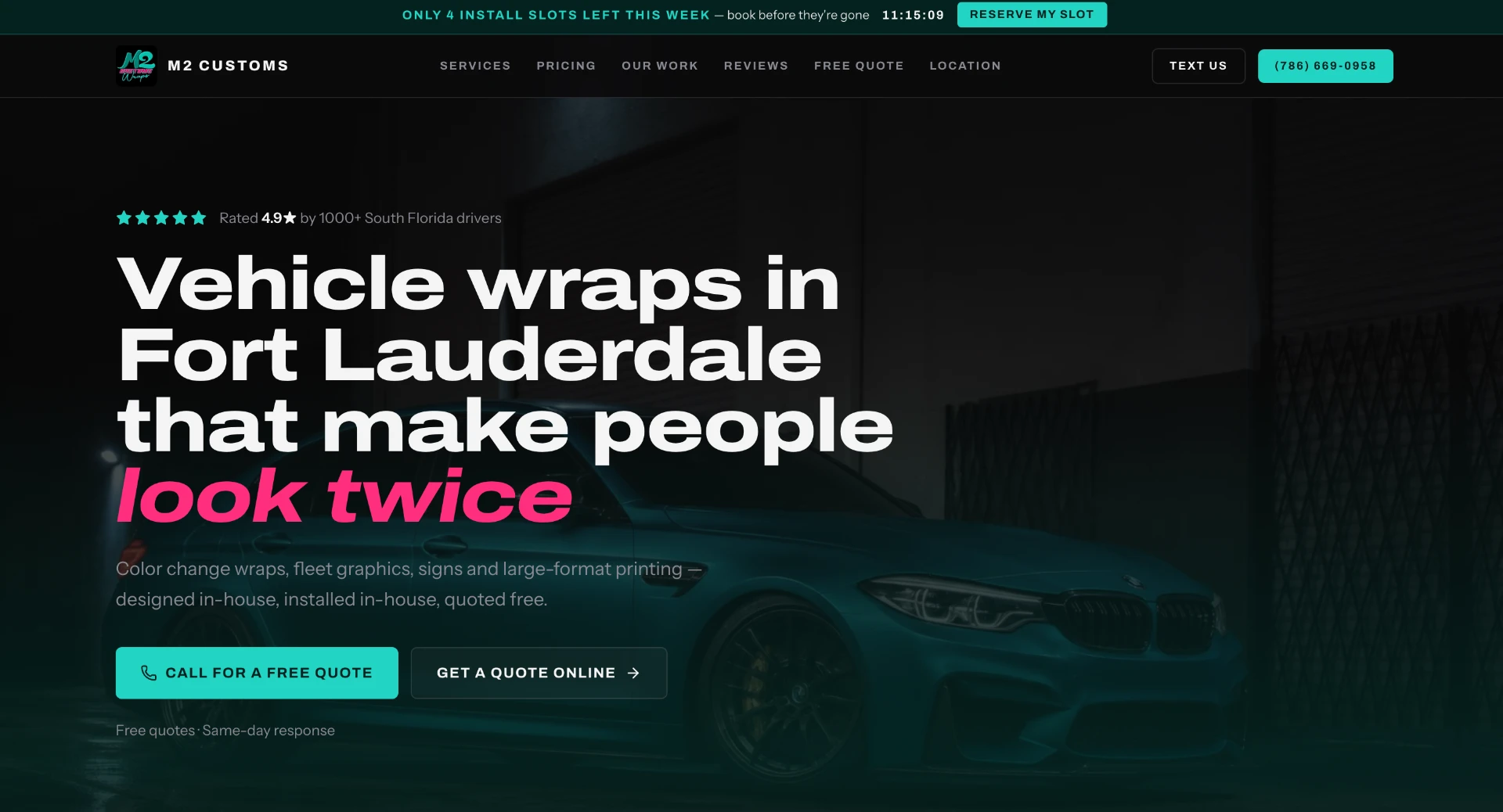 M2 Customs website after redesign — clean layout focused on booking a quote